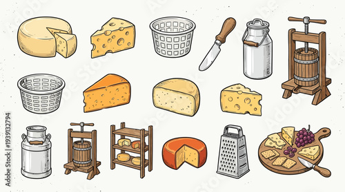 A collection of various cheese types, cheese-making equipment, and cheese serving platters.