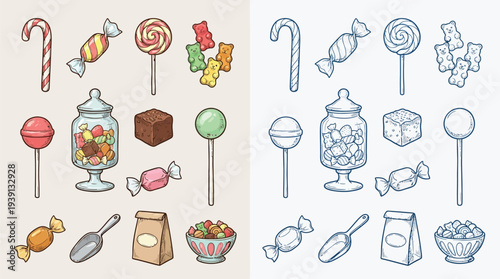 A colorful collection of various candies and sweets, including lollipops, gummy bears, and candy jars, presented in a playful illustration style.