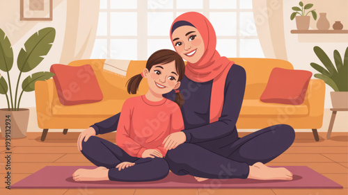 Woman and girl sitting on yoga mat in living room smiling and embracing indoor home setting with sofa and plants