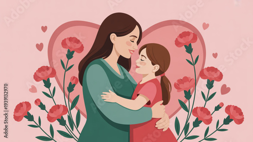 Mother and daughter sharing a loving hug surrounded by flowers and hearts symbolizing love and affection