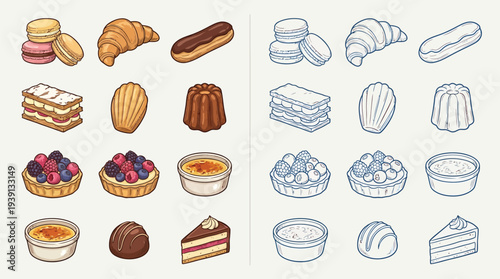 Collection of colorful and monochrome illustrations of various French pastries and desserts, including macarons, croissants, éclairs, mille-feuille, madeleines, tarts, and cakes.