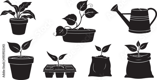 Black and white plant icons with gardening tools illustration