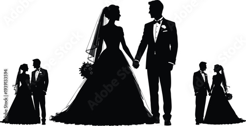 wedding couple silhouette, bride and groom illustration, romantic marriage concept, elegant bridal dress, groom tuxedo, love relationship, wedding ceremony
