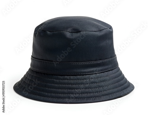 Sleek black bucket hat close-up on white backdrop for summer fashion accessory mockup