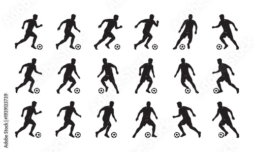 Black silhouettes of men playing soccer with a ball.