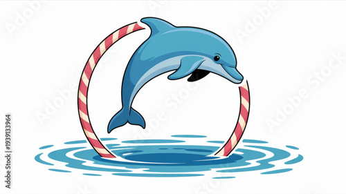 Dolphin jumping through a red and white striped hoop in water playful aquatic scene with a blue mammal