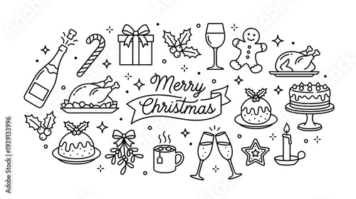Christmas decorative elements collection in minimalist line style, gifts, holly, gingerbread, turkey, puddings, and champagne