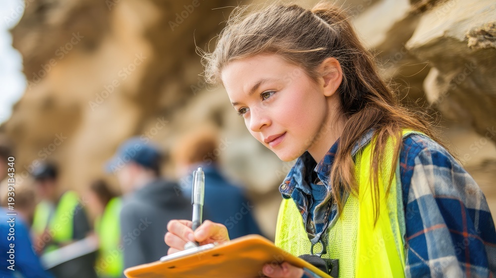 Fototapeta premium A young woman, likely in her late teens or early twenties, intently studies a clipboard while standing outdoors on a rocky coastline.