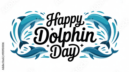 Happy dolphin day illustration with leaping dolphins and ocean waves in blue and black on white background perfect for marine conservation themes