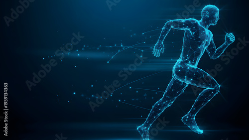 A futuristic digital illustration of a man running with a glowing blue outline and dots connected by lines in a dark background