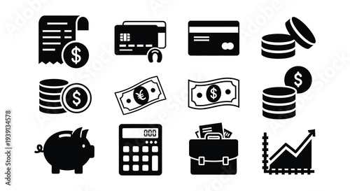 Financial icons depicting receipts money cards and economic growth