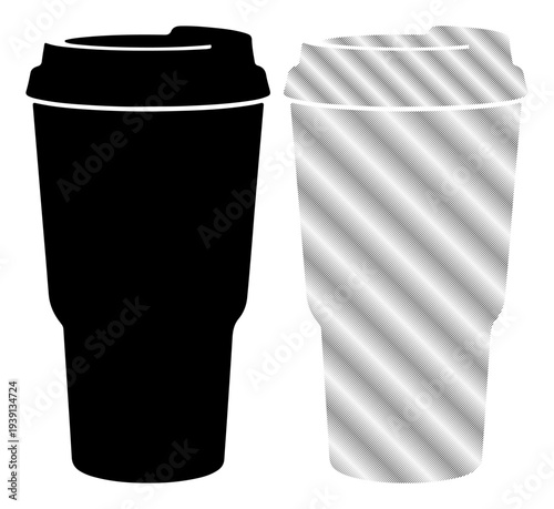Two reusable travel mugs, one solid black and one with a silver striped pattern, isolated on white background.