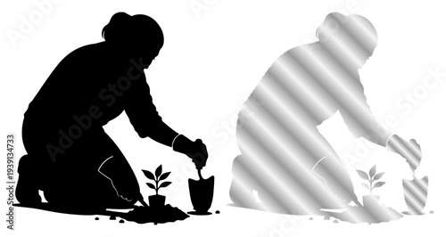 Gardener planting seedling in soil, silhouette and metallic style