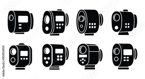 Black silhouette icons depicting various angles of vintage camcorders