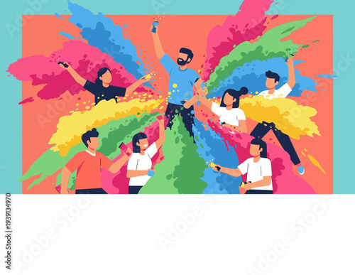 Joyful group of friends celebrating Holi festival with vibrant colorful powder.
