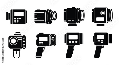 Black silhouette icons depicting various angles of vintage camcorders