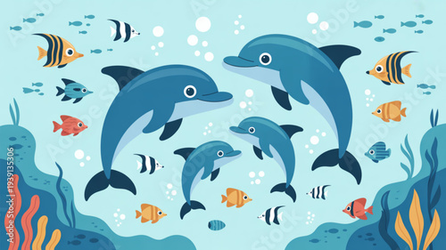 Playful dolphin family swimming together underwater surrounded by colorful fish and coral in a vibrant ocean scene