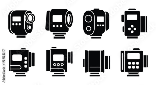 Black silhouette icons depicting various angles of vintage camcorders
