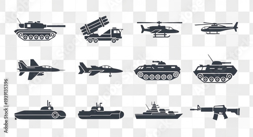 Collection of military vehicle and weapon silhouettes.