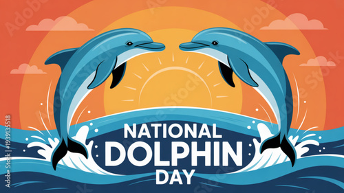 National dolphin day illustration with jumping dolphins against orange sunset background and ocean waves