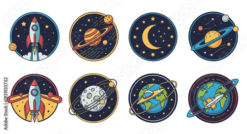 Collection of Round Space Themed Illustrations.