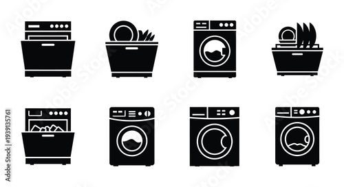 Black silhouette icons depicting various household appliances in a grid