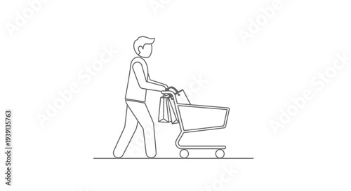 Simple line drawing of a person shopping with a cart.