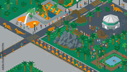 Isometric illustration of a vibrant dinosaur theme park with visitors