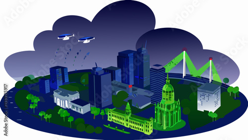 Stylized illustration of a city skyline with rain and flying vehicles