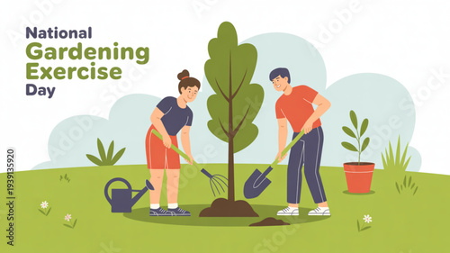 Couple planting tree together on national gardening exercise day gardening tools and potted plants surrounding them in a serene green landscape