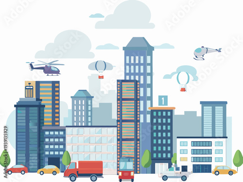 A colorful illustration depicts a bustling city scene with various vehicles