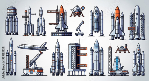 Collection of Space Rockets and Spaceships in Pixel Art Style.