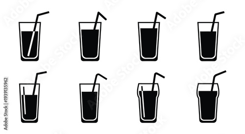 Black and white illustration of eight glasses filled with liquid and straws