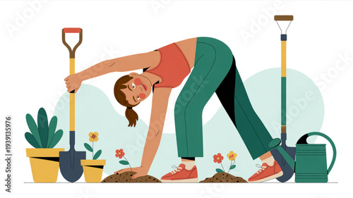 Woman gardening with shovel and watering can surrounded by flowers and potted plants in a serene outdoor setting