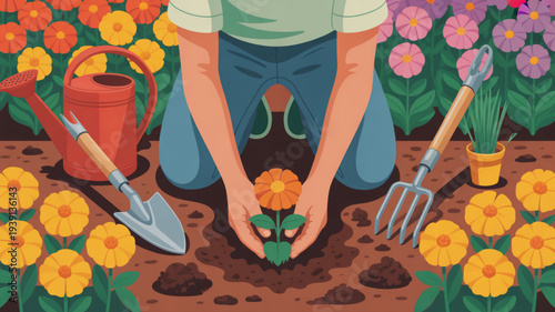 Person kneeling in a vibrant flower garden planting a new orange flower with gardening tools nearby