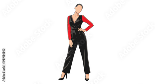 Woman wearing a black jumpsuit with red sleeves posing confidently.