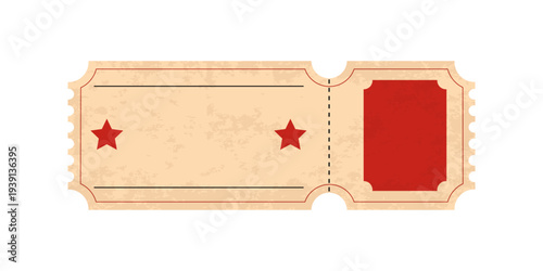 Vintage  ticket template  isolated on transparent background. Retro  coupon.Decorative element for cinema, party, event, festival.Realistic template in red, white, black colours. Vector  illustration.