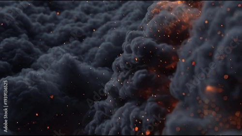 Slow-motion fire smoke curling upward with glowing sparks in dark contrast.