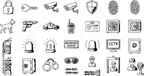 Hand-drawn Security and Protection Icons Set: Safety, Surveillance, Law Enforcement, and Defense Doodles Collection