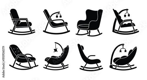 Collection of black silhouette rocking chairs and baby bouncers icons