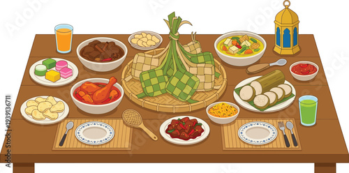 Traditional ketupat rice cake wrapped in woven palm leaves for Eid feast.