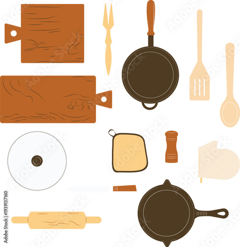 Set of Flat Vector Kitchenware and Culinary Utensils