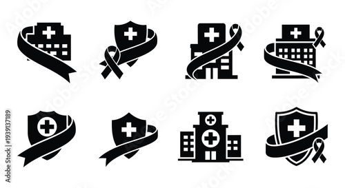 Black medical icons featuring ribbons crosses and hospital buildings