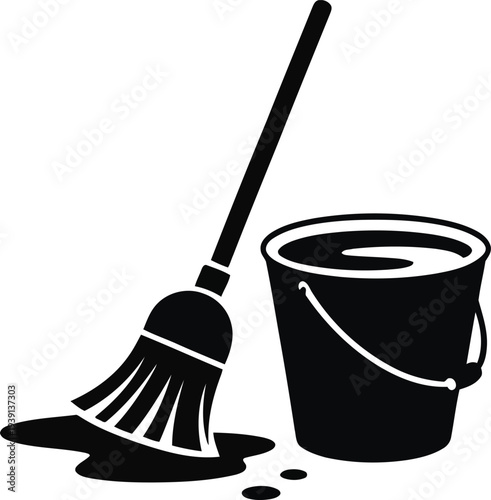 Mop and bucket silhouette vector illustration.