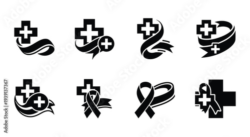 Black medical icons featuring ribbons crosses and hospital buildings
