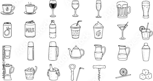 Hand Drawn Drinks  Barware Vector Set: Coffee, Tea, Beer, Wine, Cocktail Glassware  Bar Tools Line Art Icons Collection