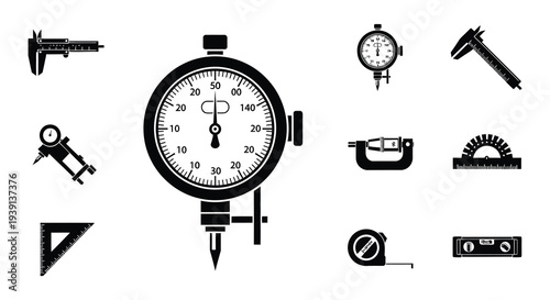 Collection of precision measurement tools in a black and white design
