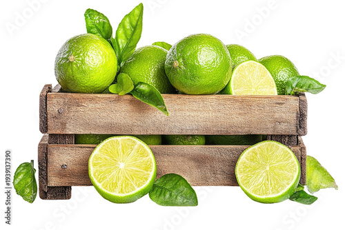 Limes in rustic crate, half slices, vibrant leaves abound