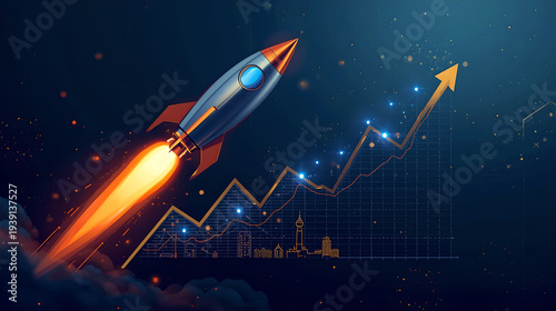 Wallpaper Mural Business Growth Concept with Rocket Launching Over Stock Market Financial Chart and City Landscape Torontodigital.ca