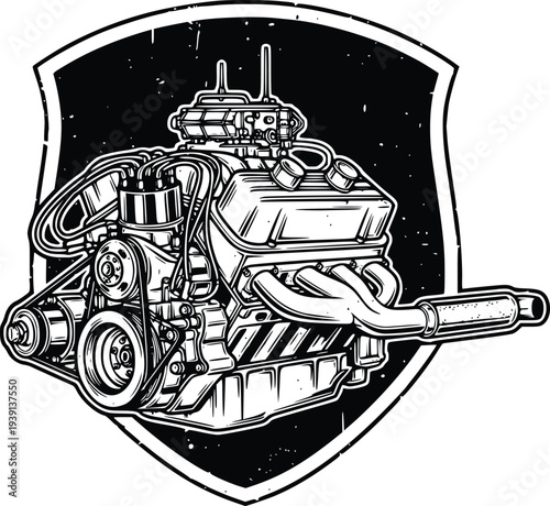 Vintage Supercharged V8 Engine Shield Badge Automotive Vector Illustration